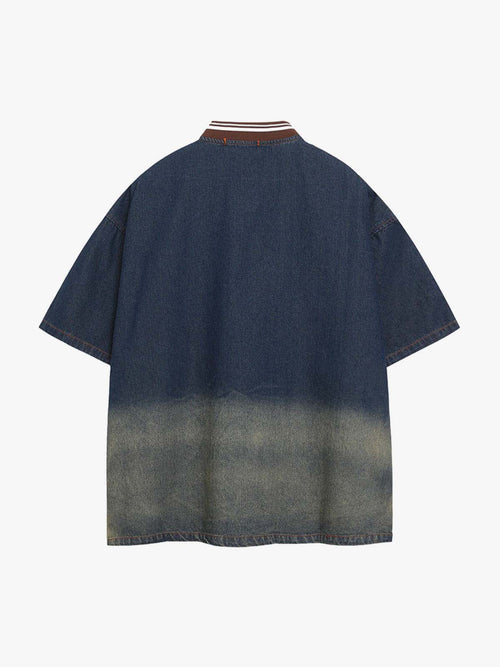 Denim Vintage Washed Distressed Gradient Embroidery T-Shirt