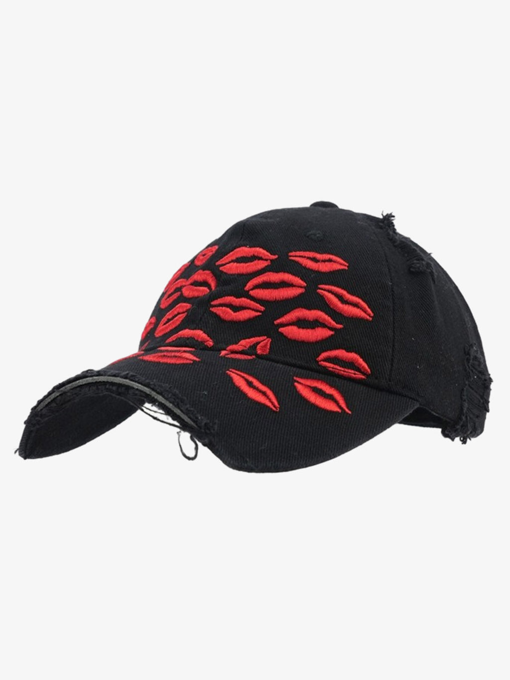 Red Lip Embroidery Distressed Baseball Cap