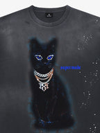 Splatter Design Chain Black Cat Graphic T-Shirt