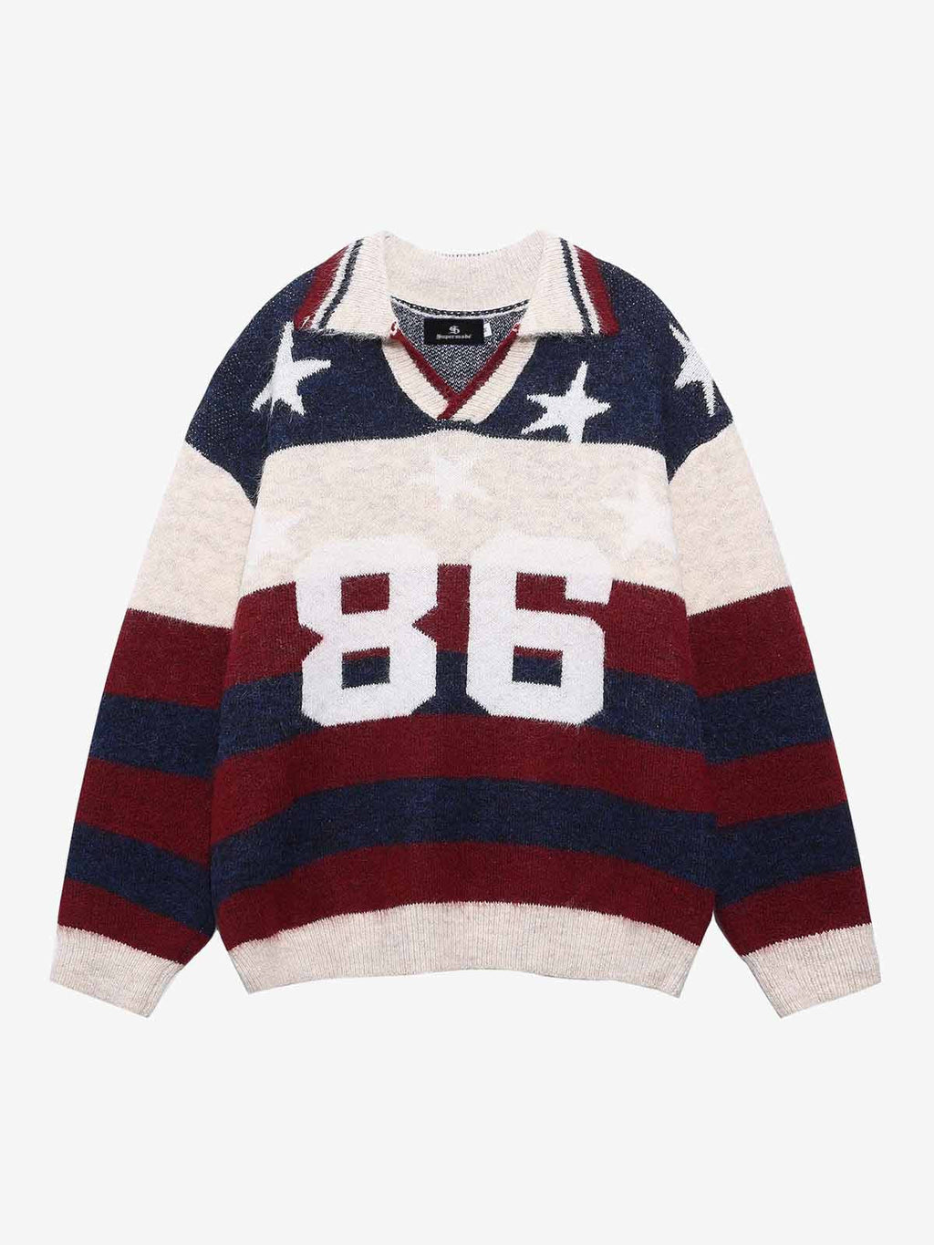 Retro Star Patchwork Striped V-Neck Polo Sweater
