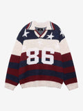 Retro Star Patchwork Striped V-Neck Polo Sweater