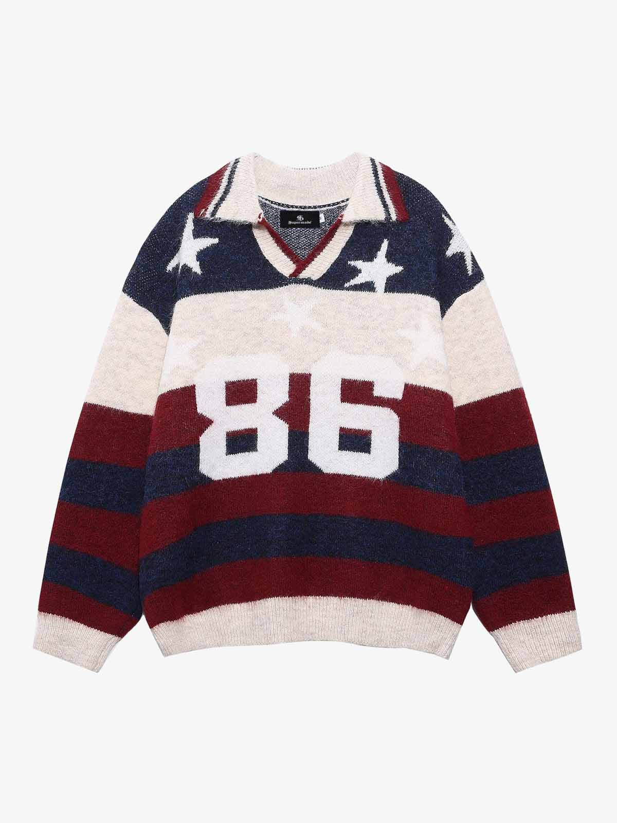 Retro Star Patchwork Striped V-Neck Polo Sweater