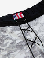 Camo Embroidered Double Waist Lace-Up Wide Leg Cargo Pants - 2599