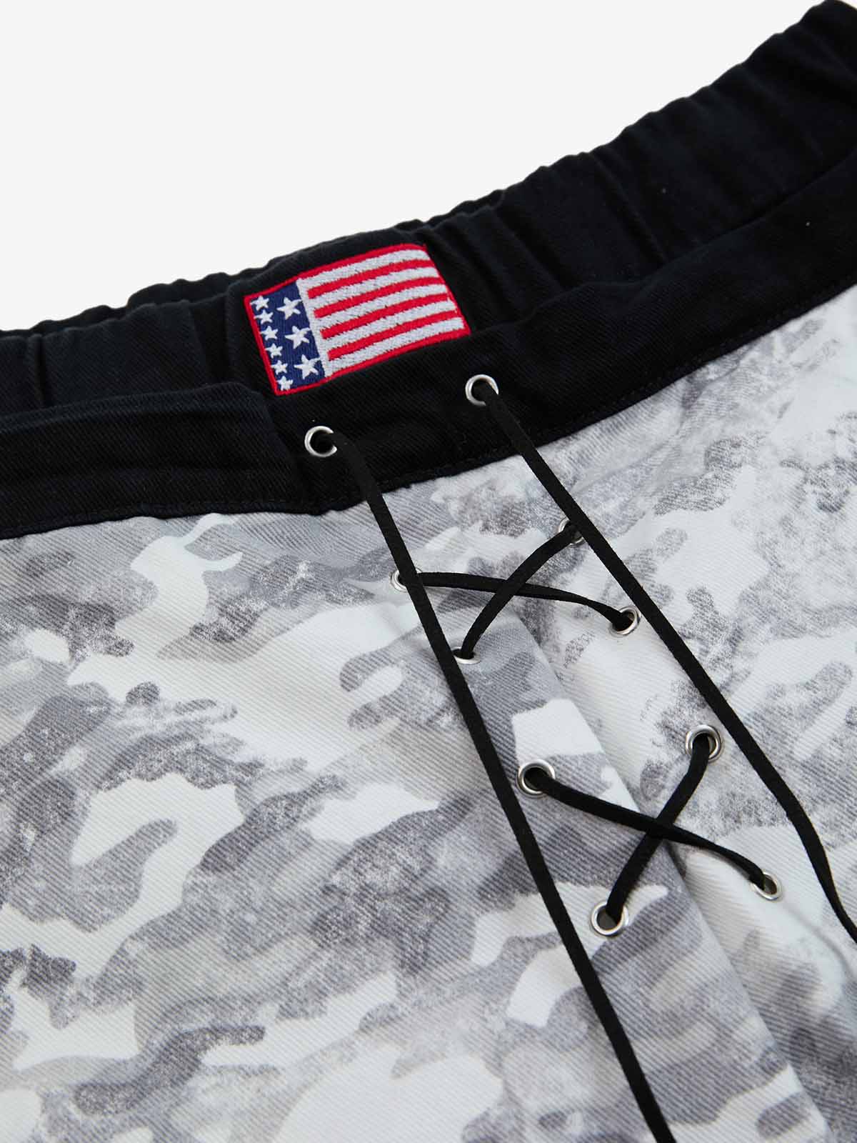 Camo Embroidered Double Waist Lace-Up Wide Leg Cargo Pants - 2599