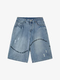 Vintage Barbed Wire Embroidery Distressed Washed Denim Jorts