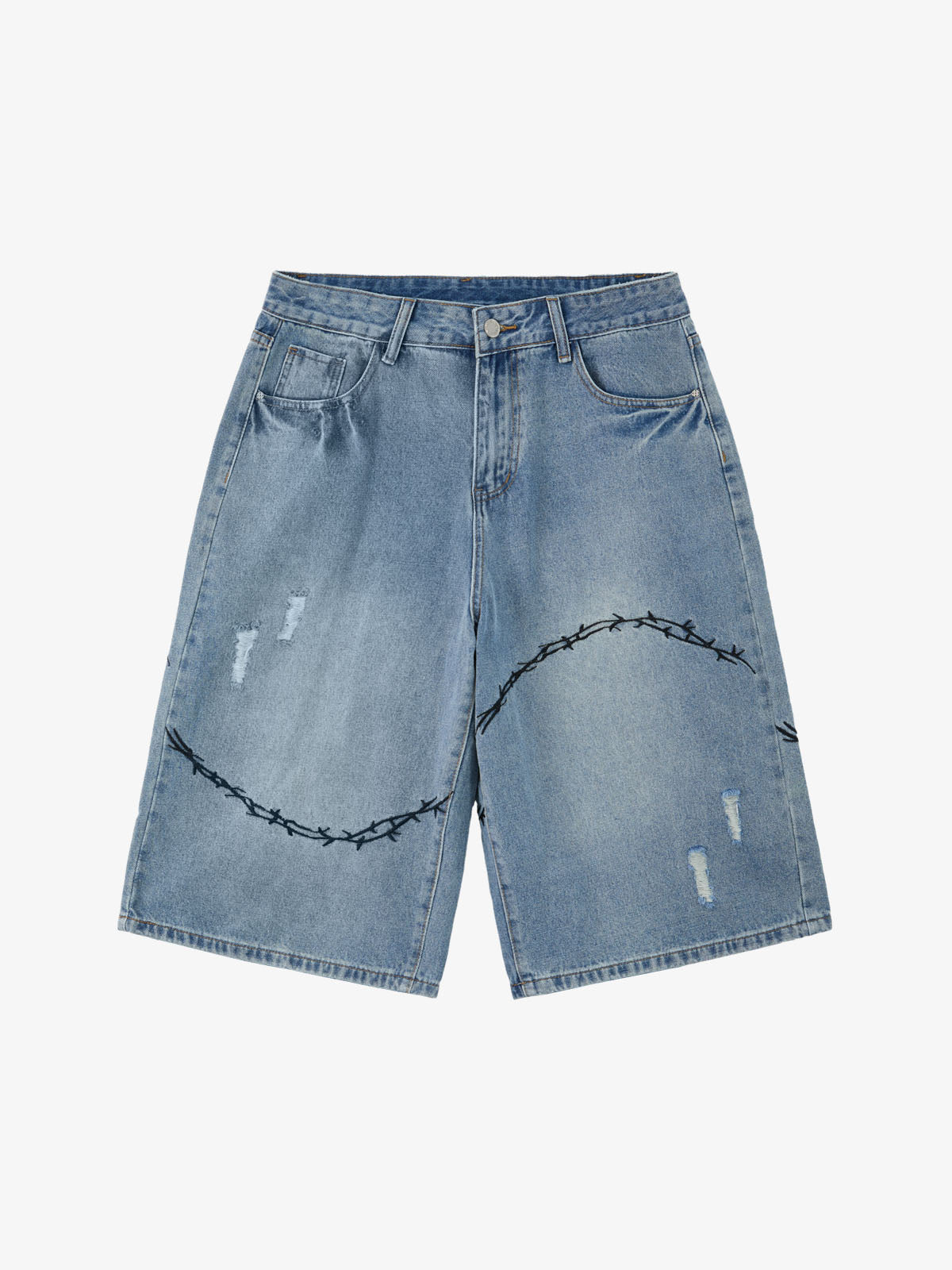 Vintage Barbed Wire Embroidery Distressed Washed Denim Jorts