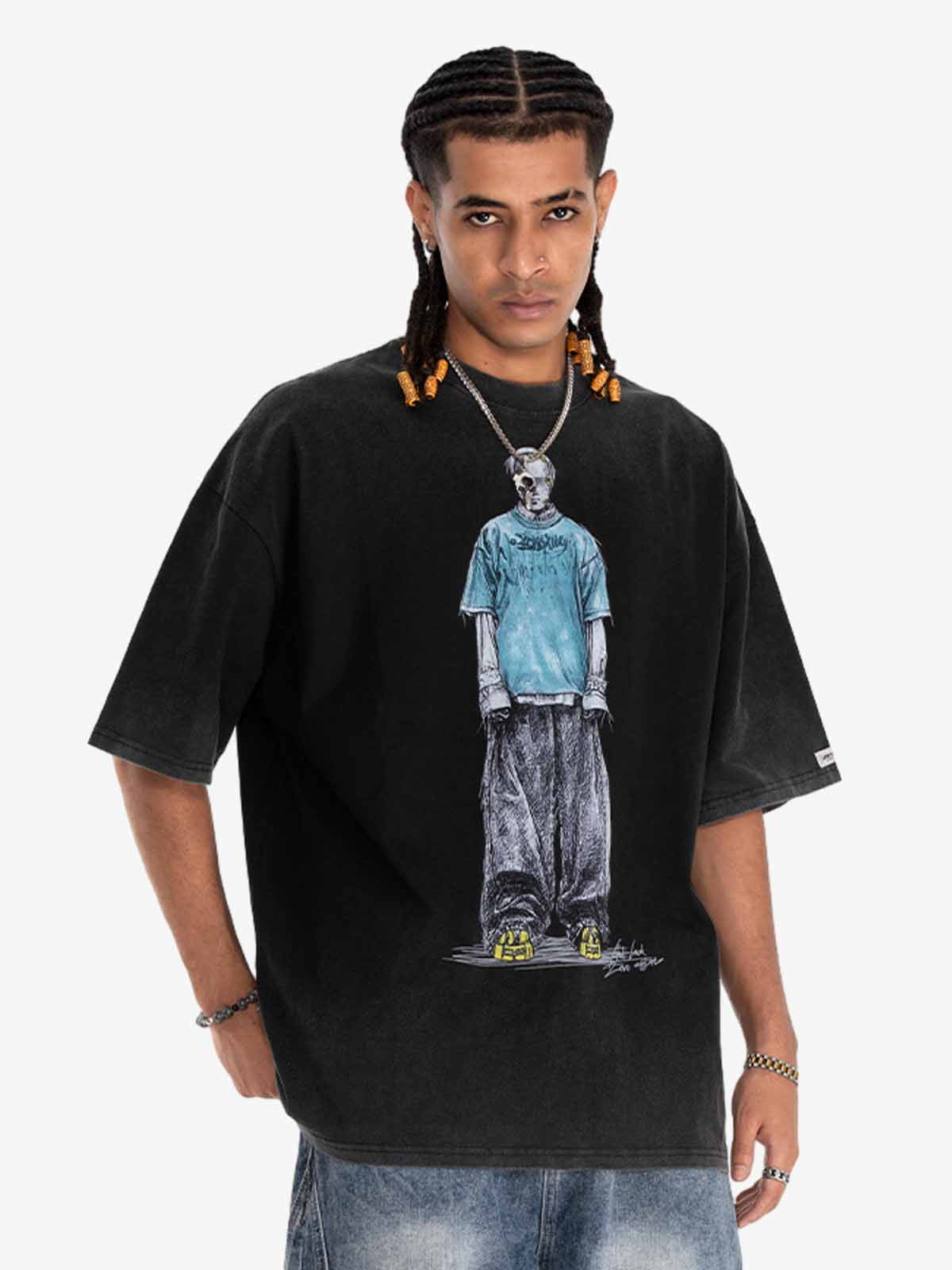 Vintage Washed Skeleton Graphic Oversized T-Shirt