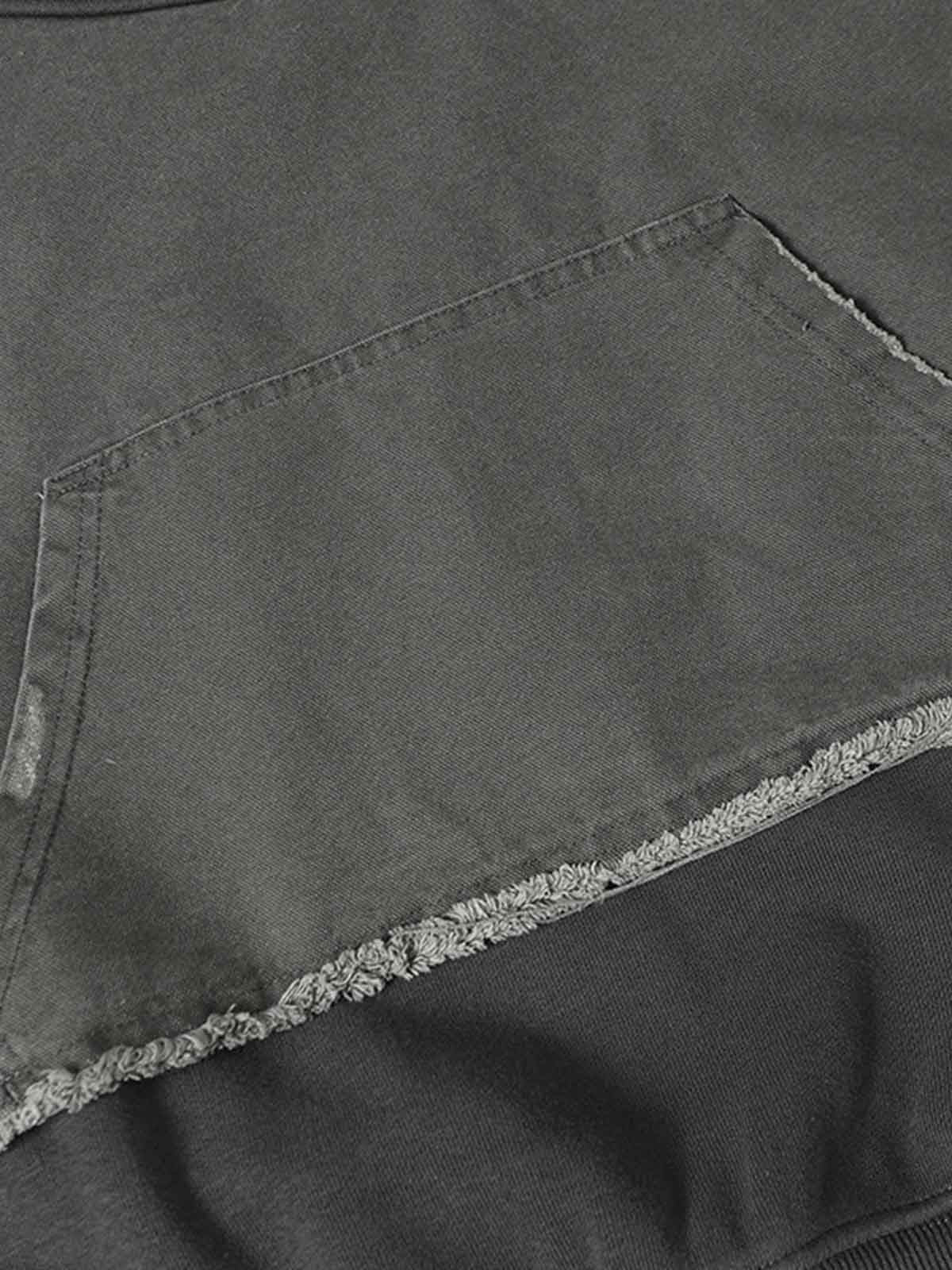 Distressed Patchwork Raw-Edge Layered-Hem Fleece Hoodie