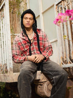Paint Splatter Plaid Frayed Hem Button Up Shirt