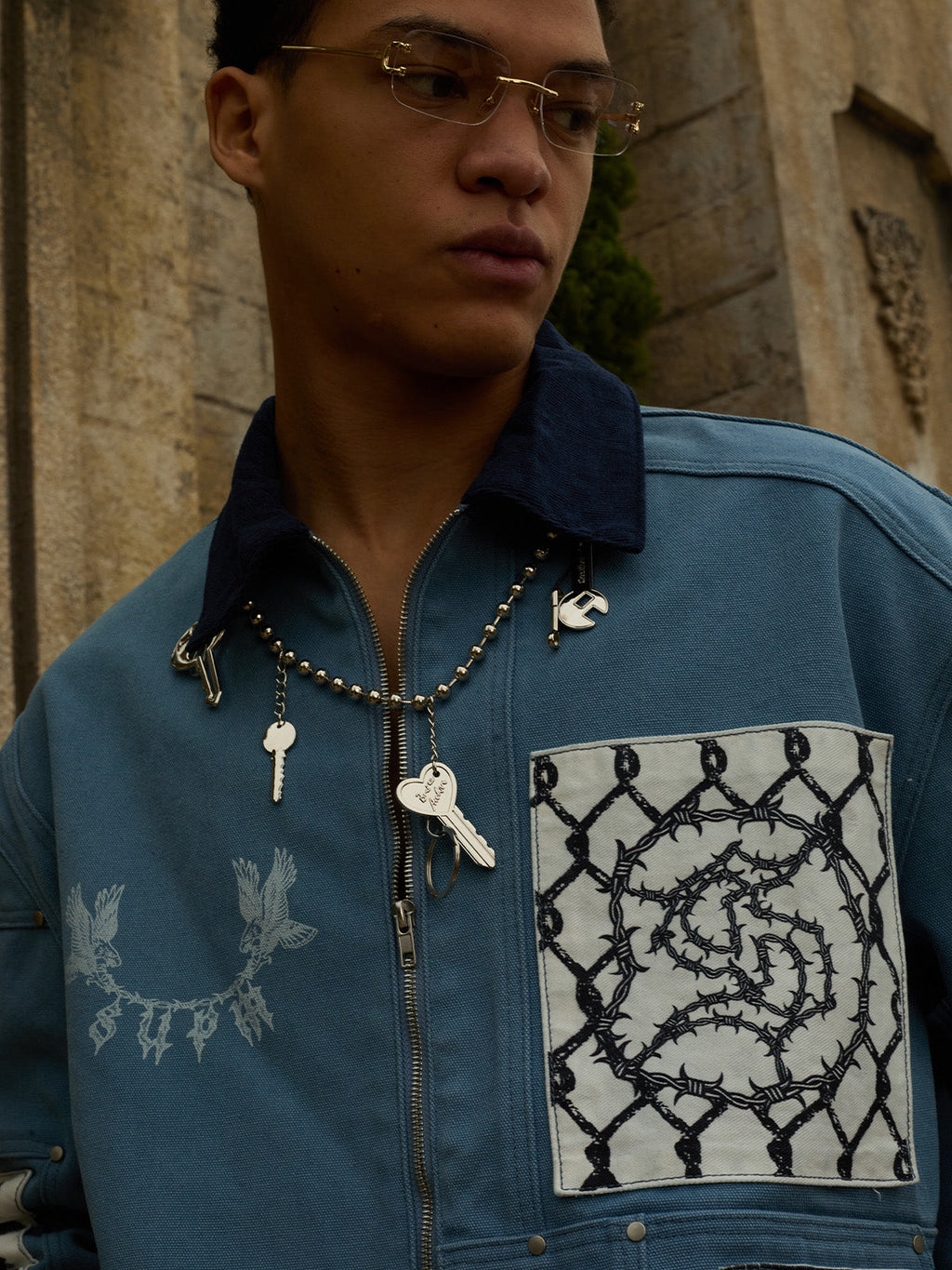 precipice Multi-Element Appliqué Patchwork Denim Suit - 2593