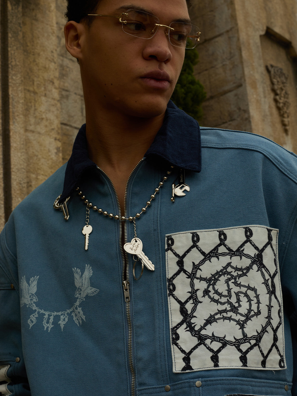 precipice Multi-Element Appliqué Patchwork Denim Suit - 2593