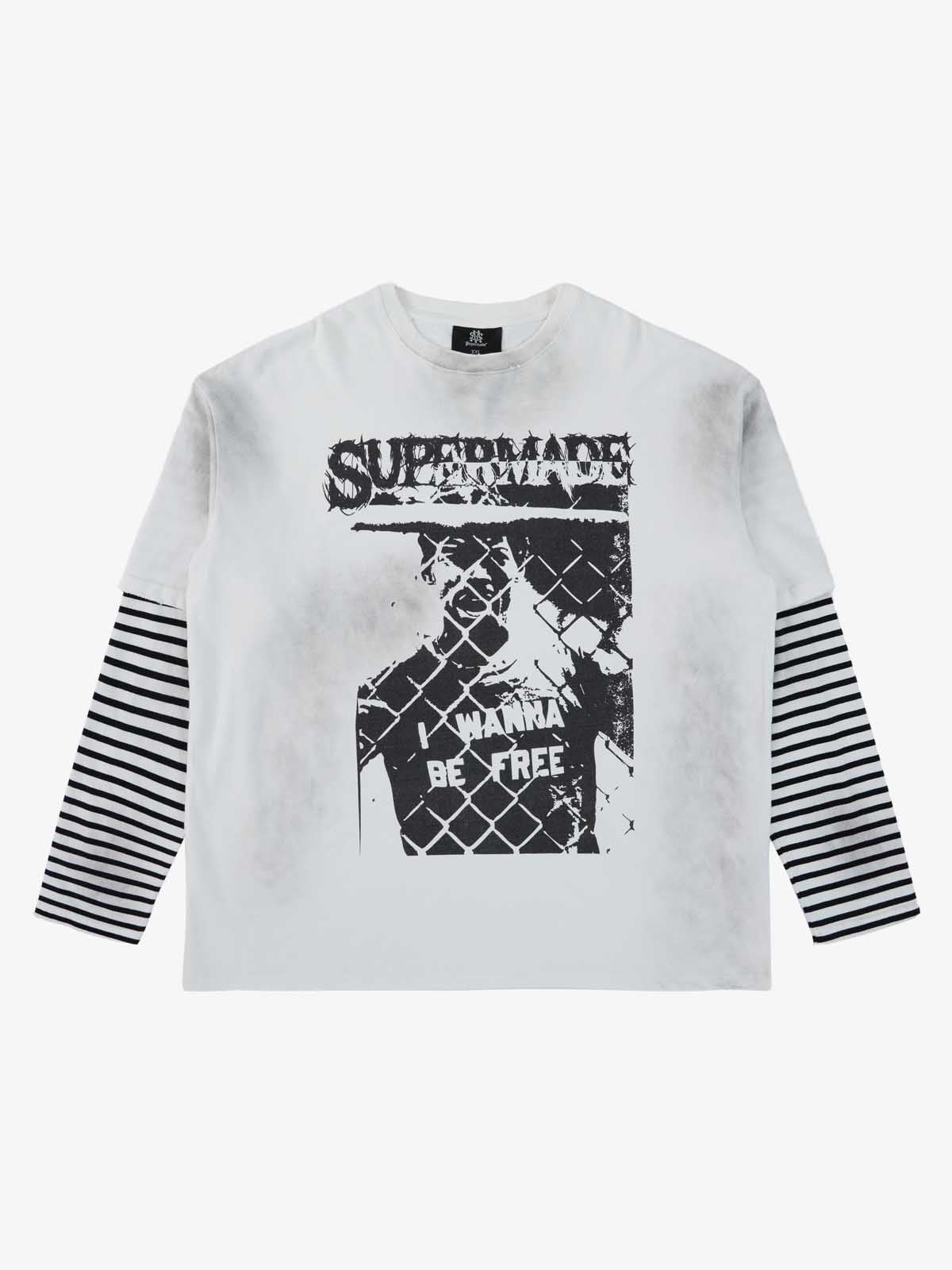 Grunge Graphic Distressed Cage Striped Long-Sleeve T-Shirt