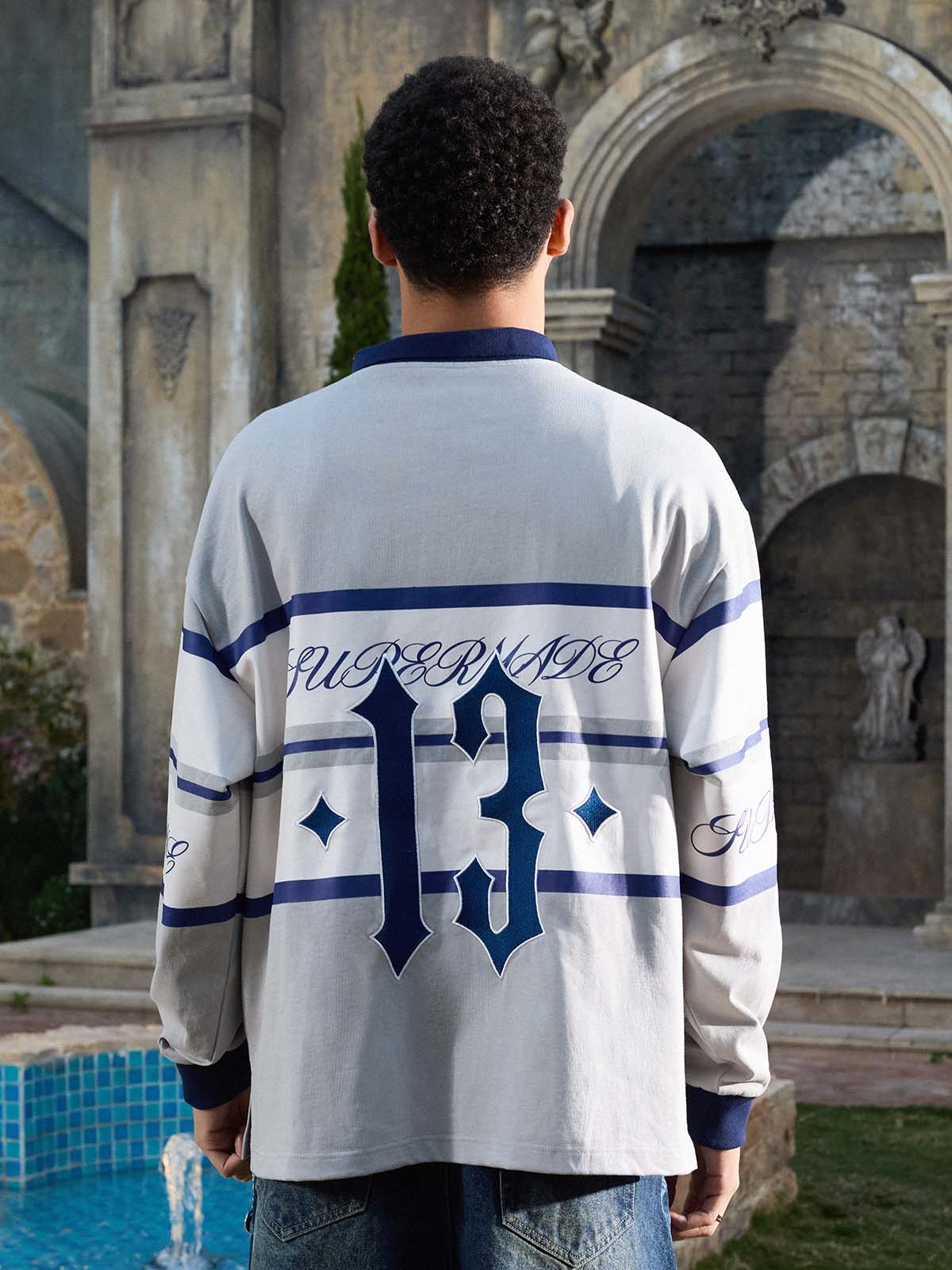 Gothic Number Stripe Rugby Collar Sweatshirt