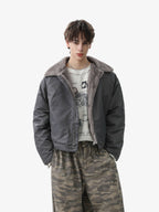 Deconstructed Patchwork Fur Collar Bomber Jacket
