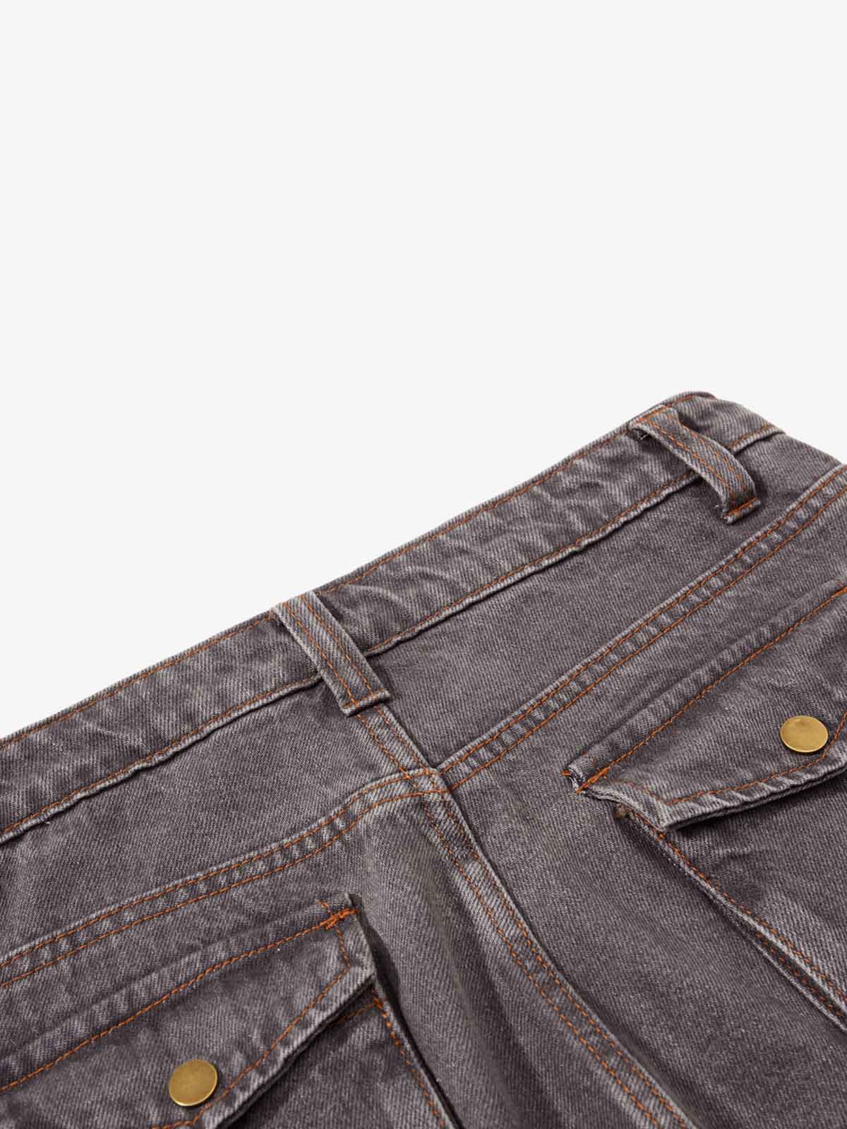 Retro Faded Multi-Pocket Flared Cargo Jeans