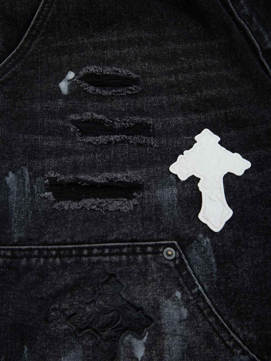 Distressed Cross Patchwork Baggy Denim Jeans - 2613