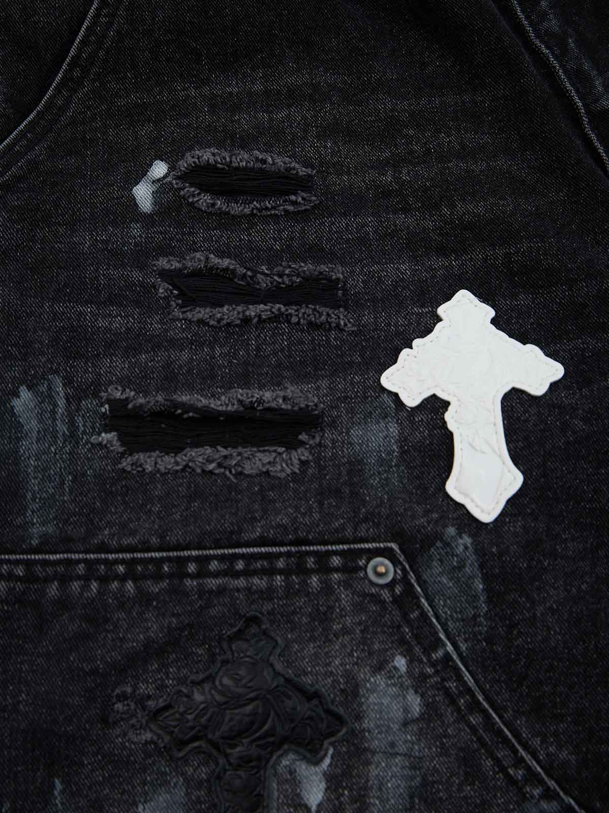 Distressed Cross Patchwork Baggy Denim Jeans - 2613