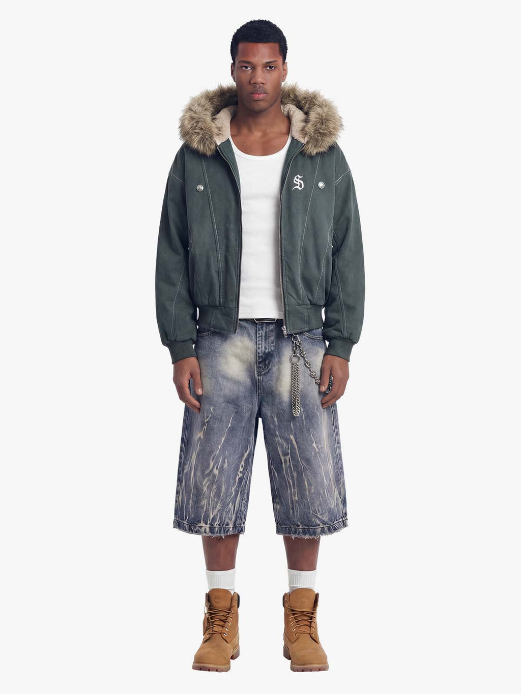 Faux Fur Lined Zip Up Winter Hooded Bomber Jacket - 2560