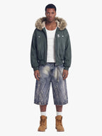 Faux Fur Lined Zip Up Winter Hooded Bomber Jacket - 2560