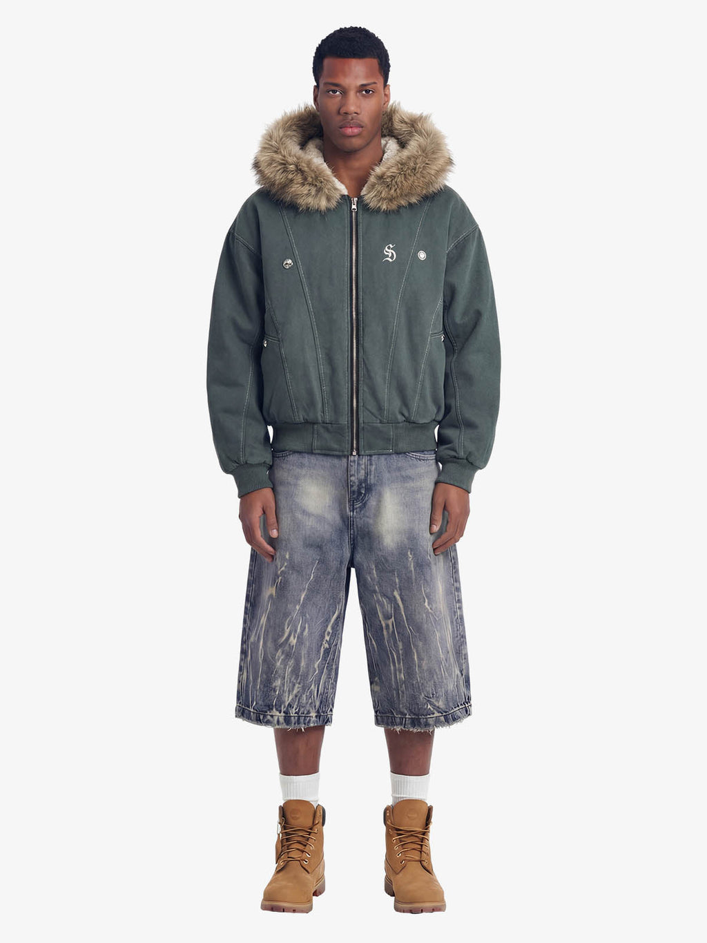 Faux Fur Lined Zip Up Winter Hooded Bomber Jacket - 2560