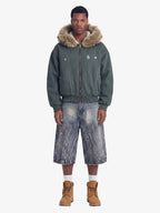 Faux Fur Lined Zip Up Winter Hooded Bomber Jacket - 2560