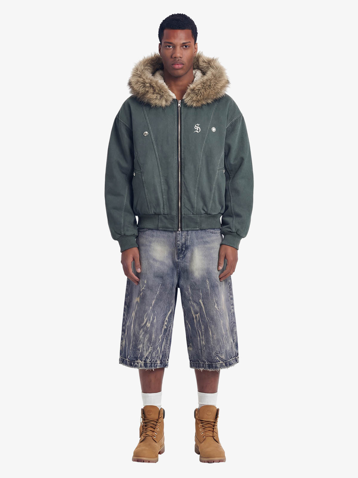 Faux Fur Lined Zip Up Winter Hooded Bomber Jacket - 2560