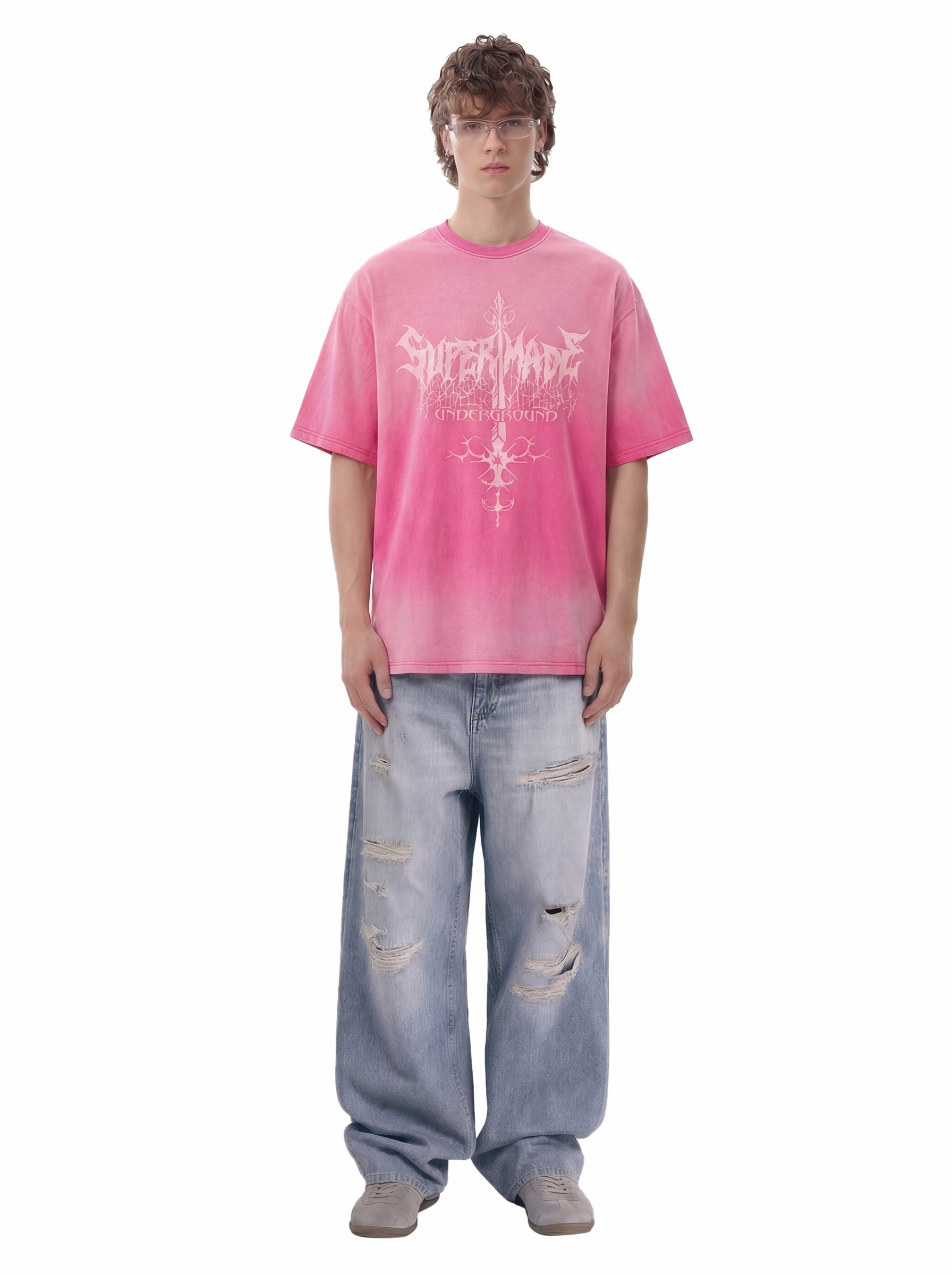 Acid Wash Gothic Cross Spine Graphic Distressed T-Shirt - 2604