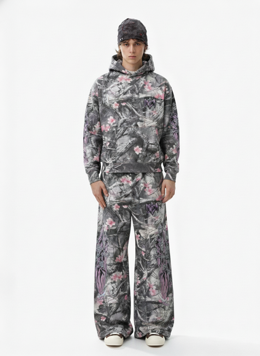 Gothic Devil Graphic Fleece-Lined Wide-Leg Sweatpants