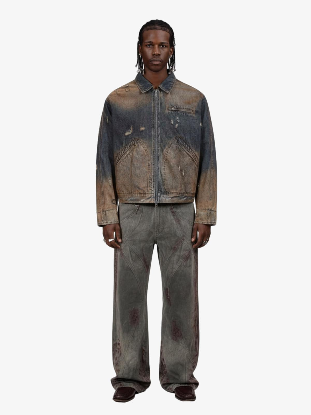 Vintage Washed Distressed Denim Zip Up Jacket
