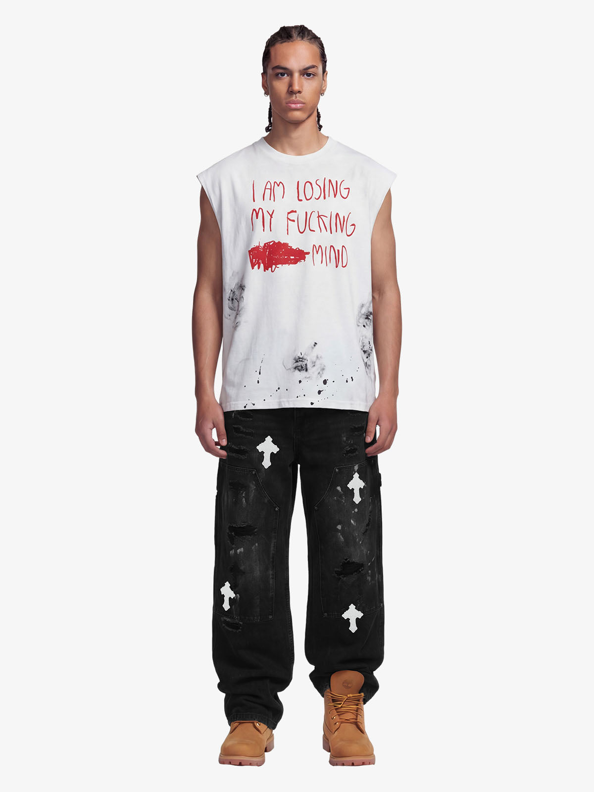 Distressed Cross Patchwork Baggy Denim Jeans - 2613