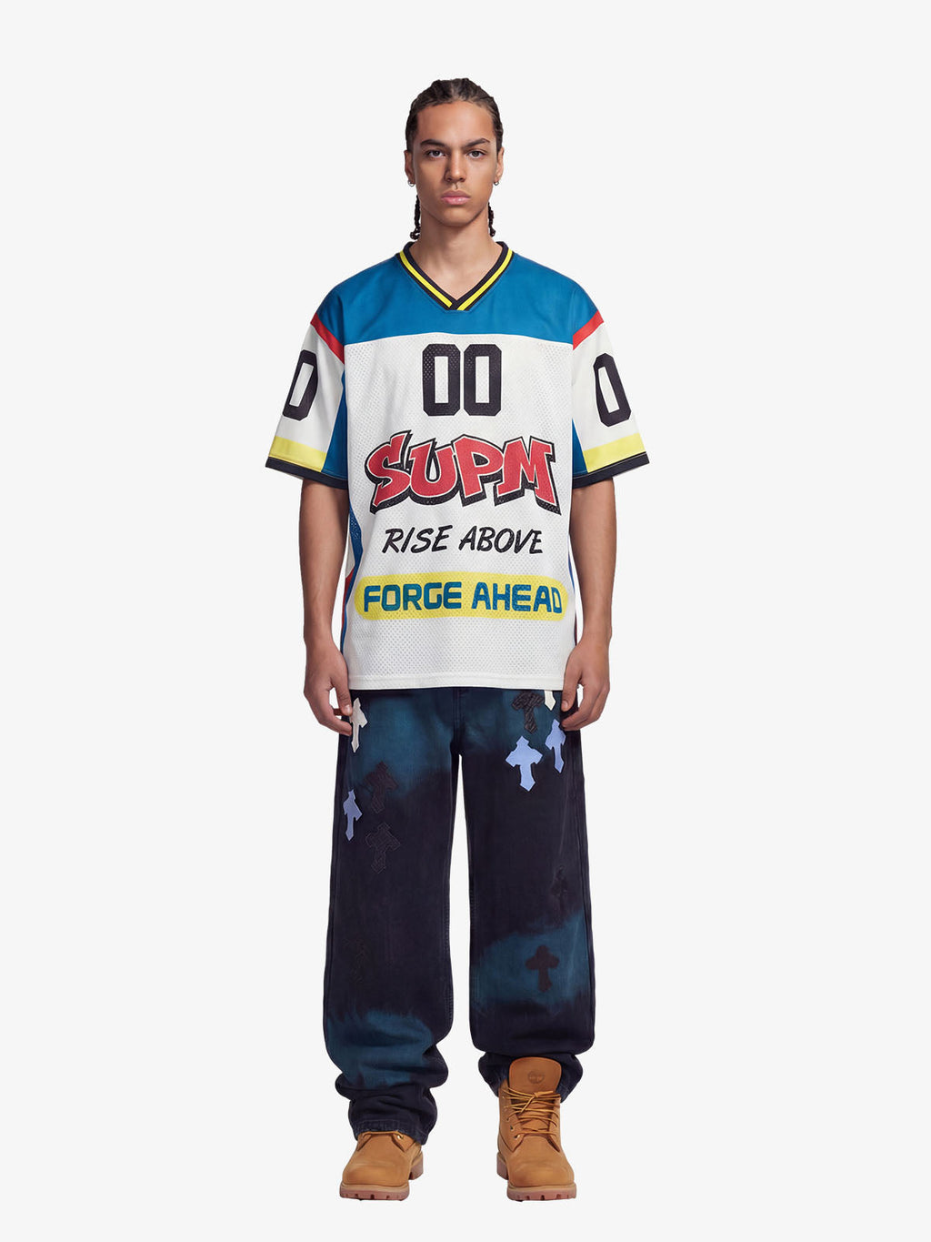 Color-Block Digital Print Mesh V-Neck Jersey