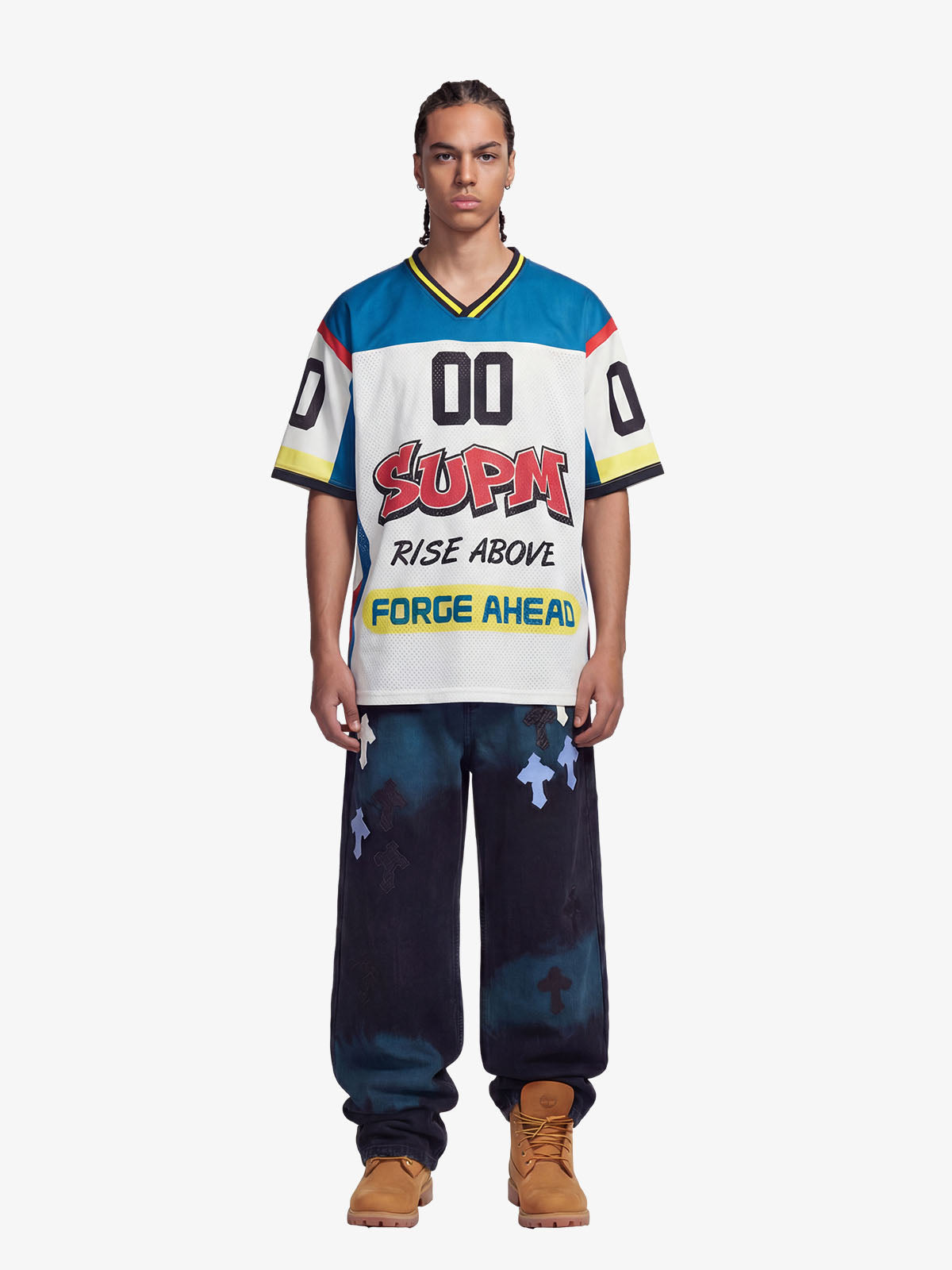 Color-Block Digital Print Mesh V-Neck Jersey