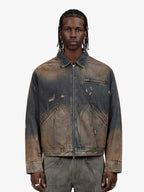Vintage Washed Distressed Denim Zip Up Jacket