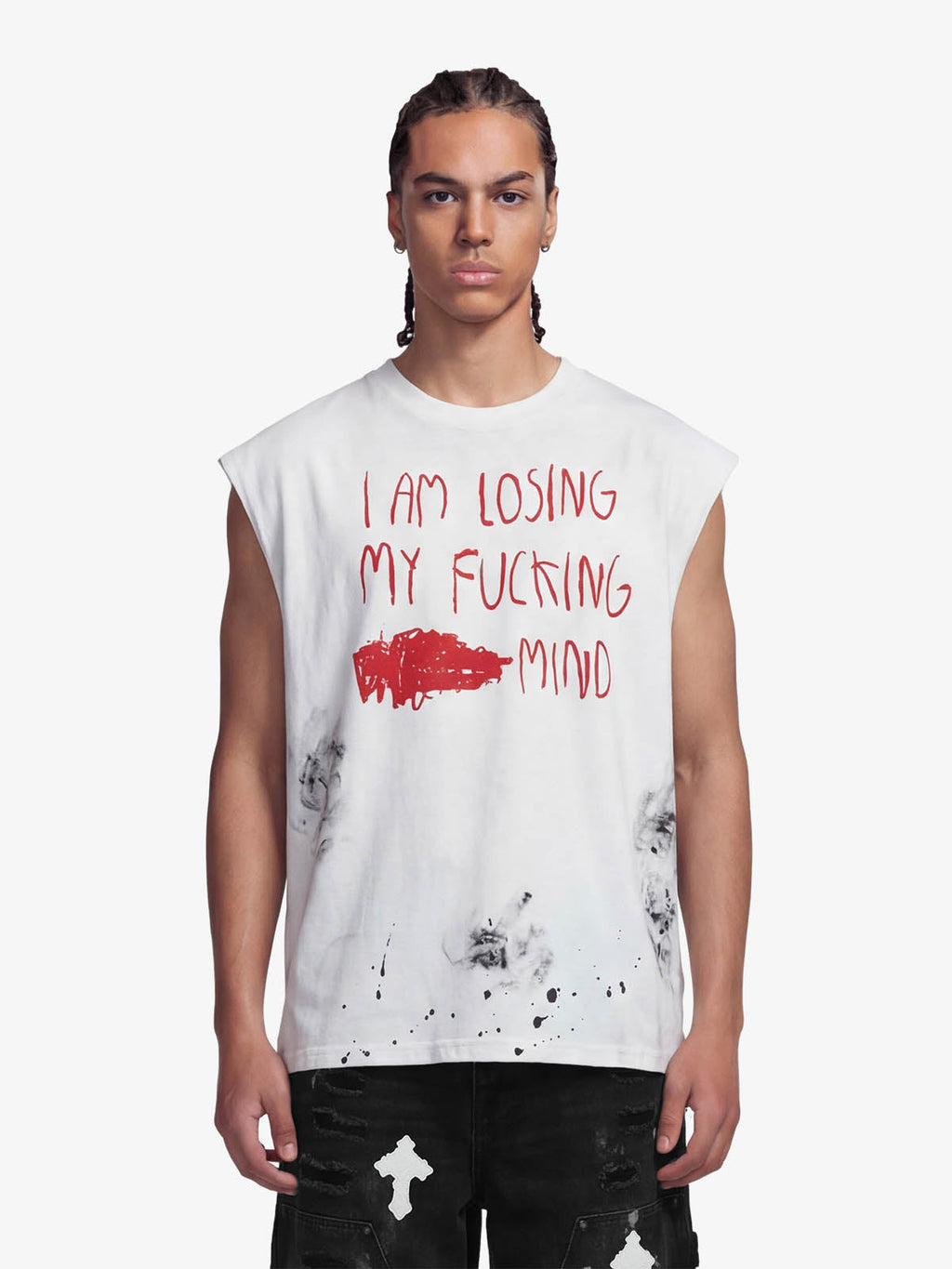 Grunge Slogan Print Distressed Raw Hem Sleeveless T-Shirt - 2612