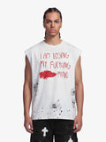 Grunge Slogan Print Distressed Raw Hem Sleeveless T-Shirt - 2612