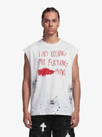 Grunge Slogan Print Distressed Raw Hem Sleeveless T-Shirt - 2612