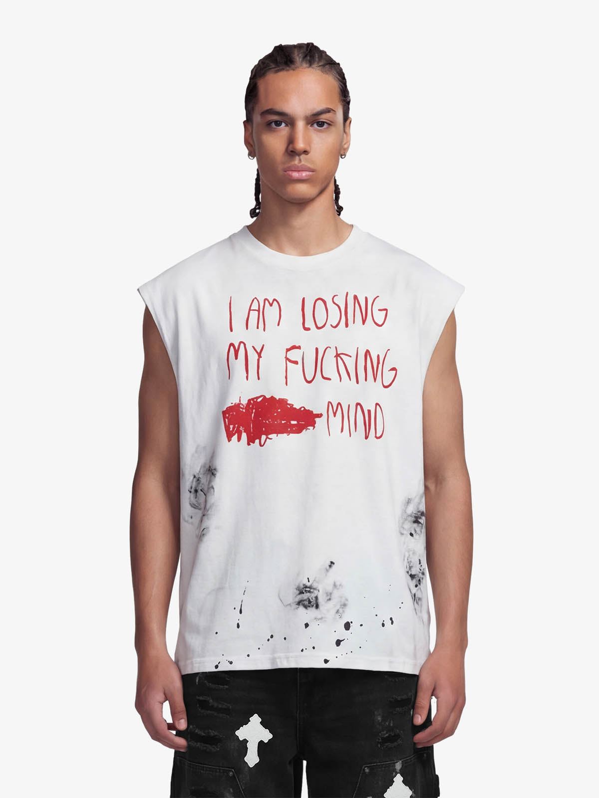 Grunge Slogan Print Distressed Raw Hem Sleeveless T-Shirt - 2612