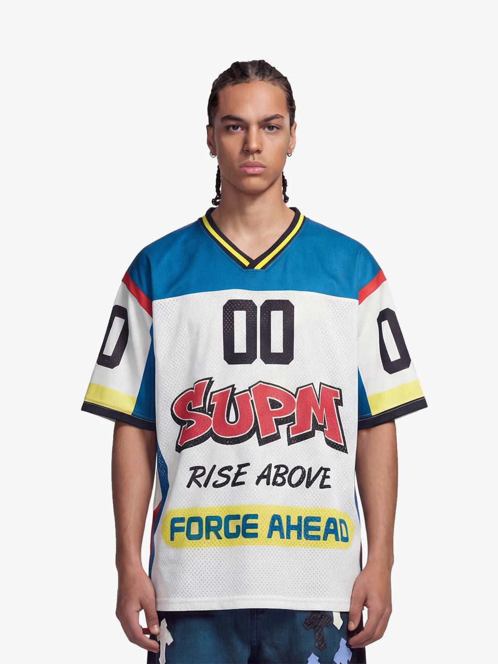 Color-Block Digital Print Mesh V-Neck Jersey