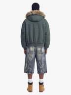 Faux Fur Lined Zip Up Winter Hooded Bomber Jacket - 2560