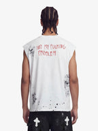 Grunge Slogan Print Distressed Raw Hem Sleeveless T-Shirt - 2612