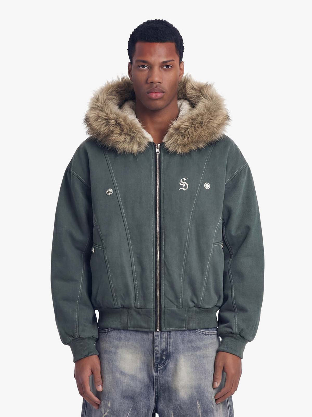 Faux Fur Lined Zip Up Winter Hooded Bomber Jacket - 2560