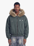 Faux Fur Lined Zip Up Winter Hooded Bomber Jacket - 2560