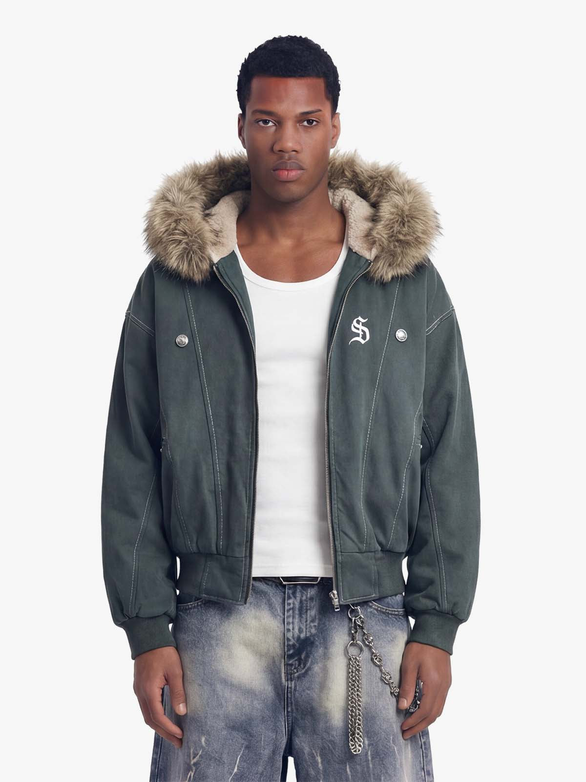 Faux Fur Lined Zip Up Winter Hooded Bomber Jacket - 2560