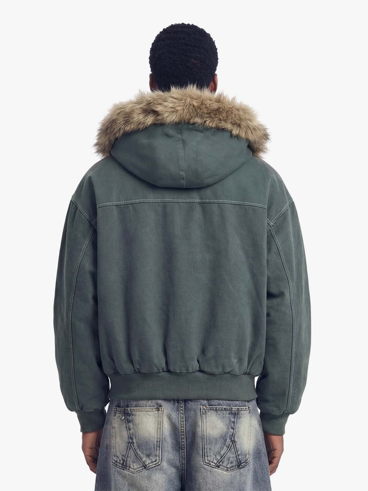 Faux Fur Lined Zip Up Winter Hooded Bomber Jacket - 2560
