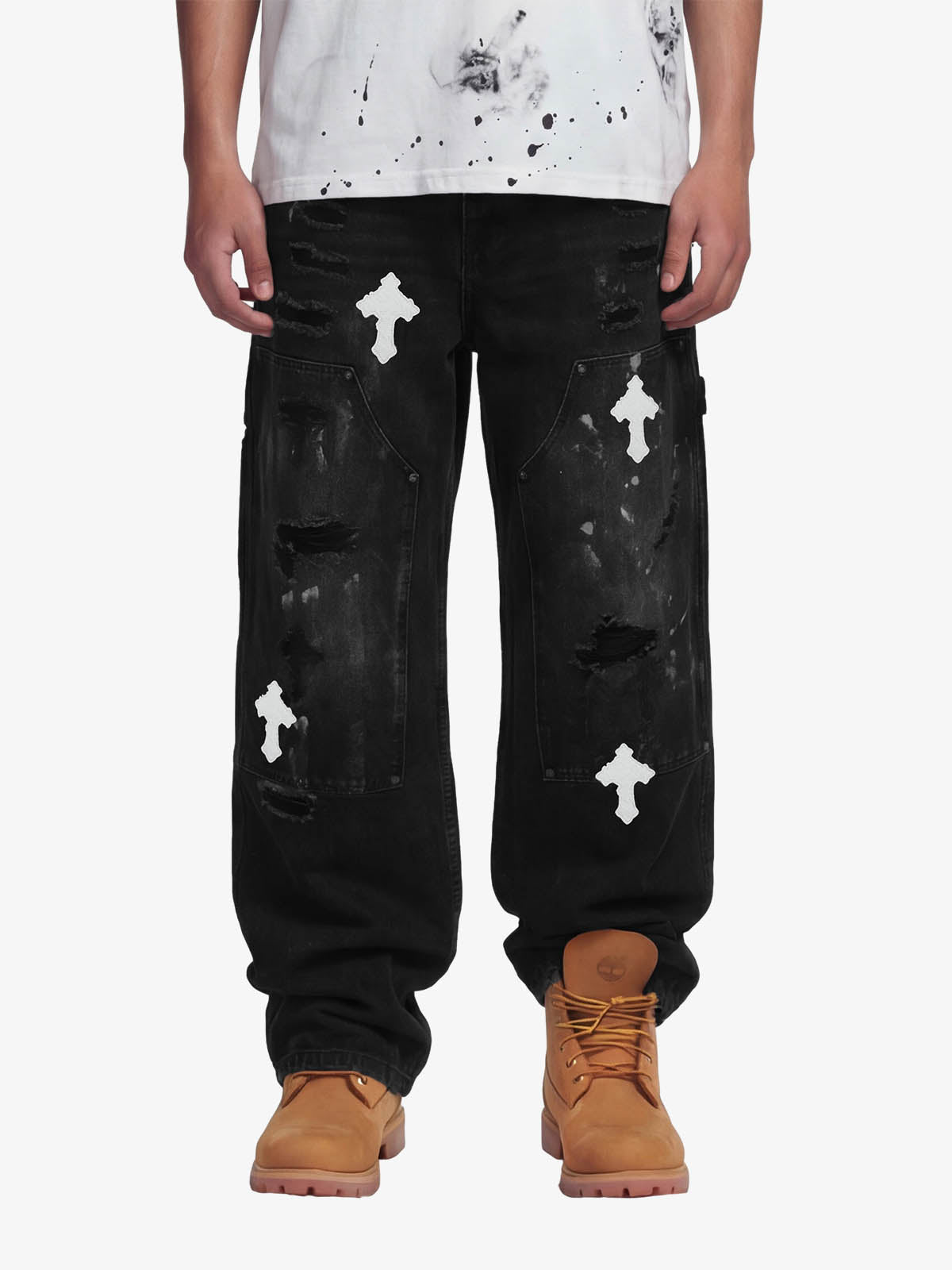 Distressed Cross Patchwork Baggy Denim Jeans - 2613