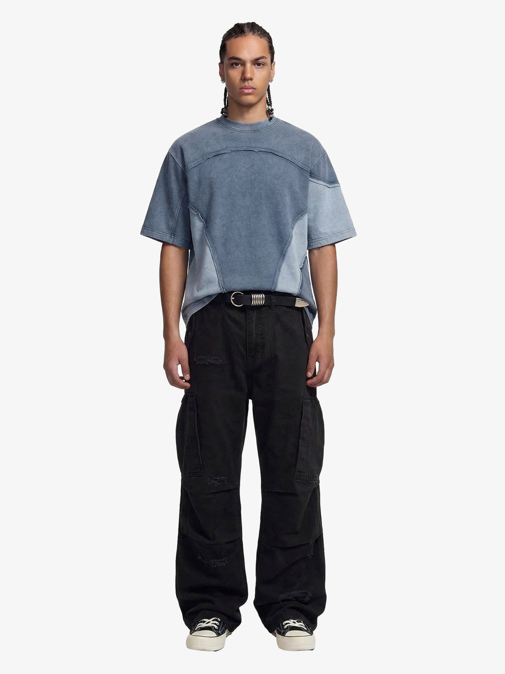 Cotton Hole Patch Pleated Multi-Pocket Cargo Casual Pants