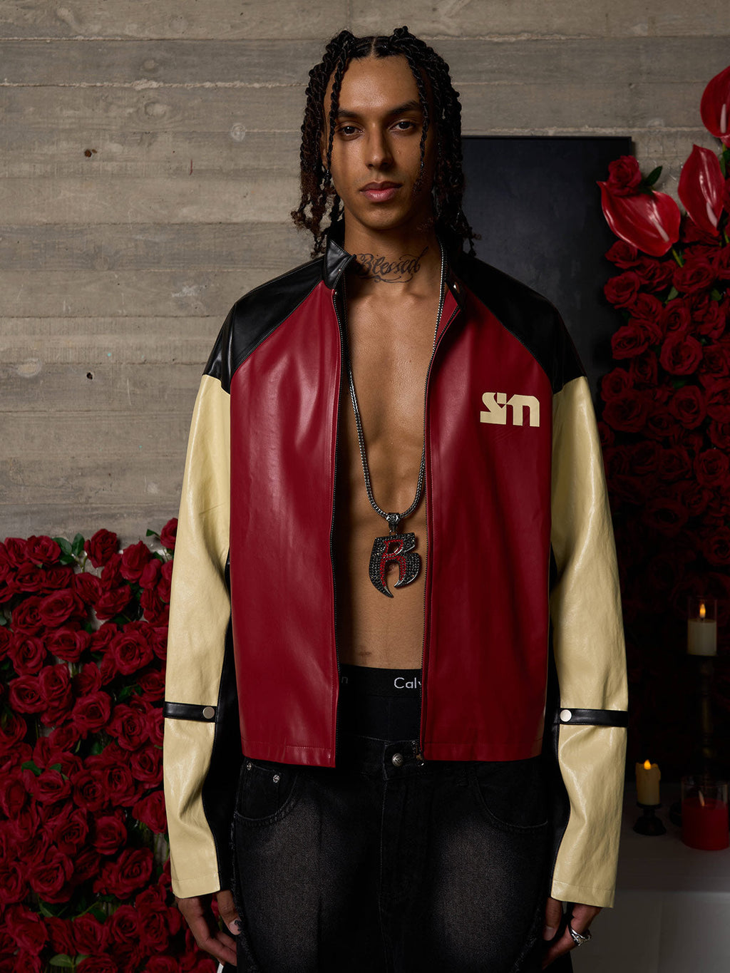 Original Contrast Color Leather Jacket - 2565