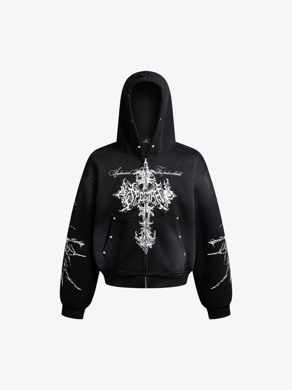 Street Wasteland Washed Cross Print Zip Up Hoodie - 2561