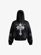 Street Wasteland Washed Cross Print Zip Up Hoodie - 2561