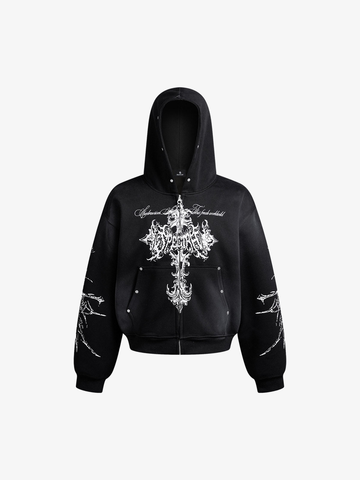 Street Wasteland Washed Cross Print Zip Up Hoodie - 2561
